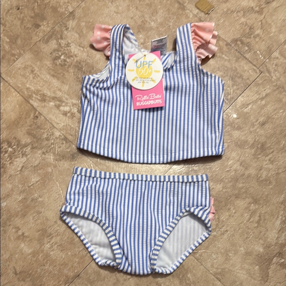 Ruffle Butts Blue and Pink Striped Kids Bikini